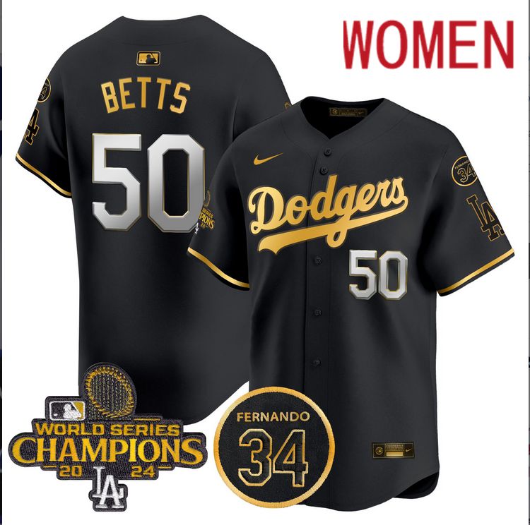 Women MLB Los Angeles Dodgers  #50 Betts black 2024 World Series Champions Patch Limited Jersey